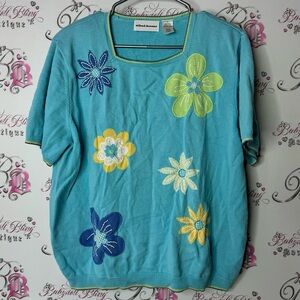 Alfred Dunner short sleeve floral flower embroidered Blue Short Sleeve T-Shirt